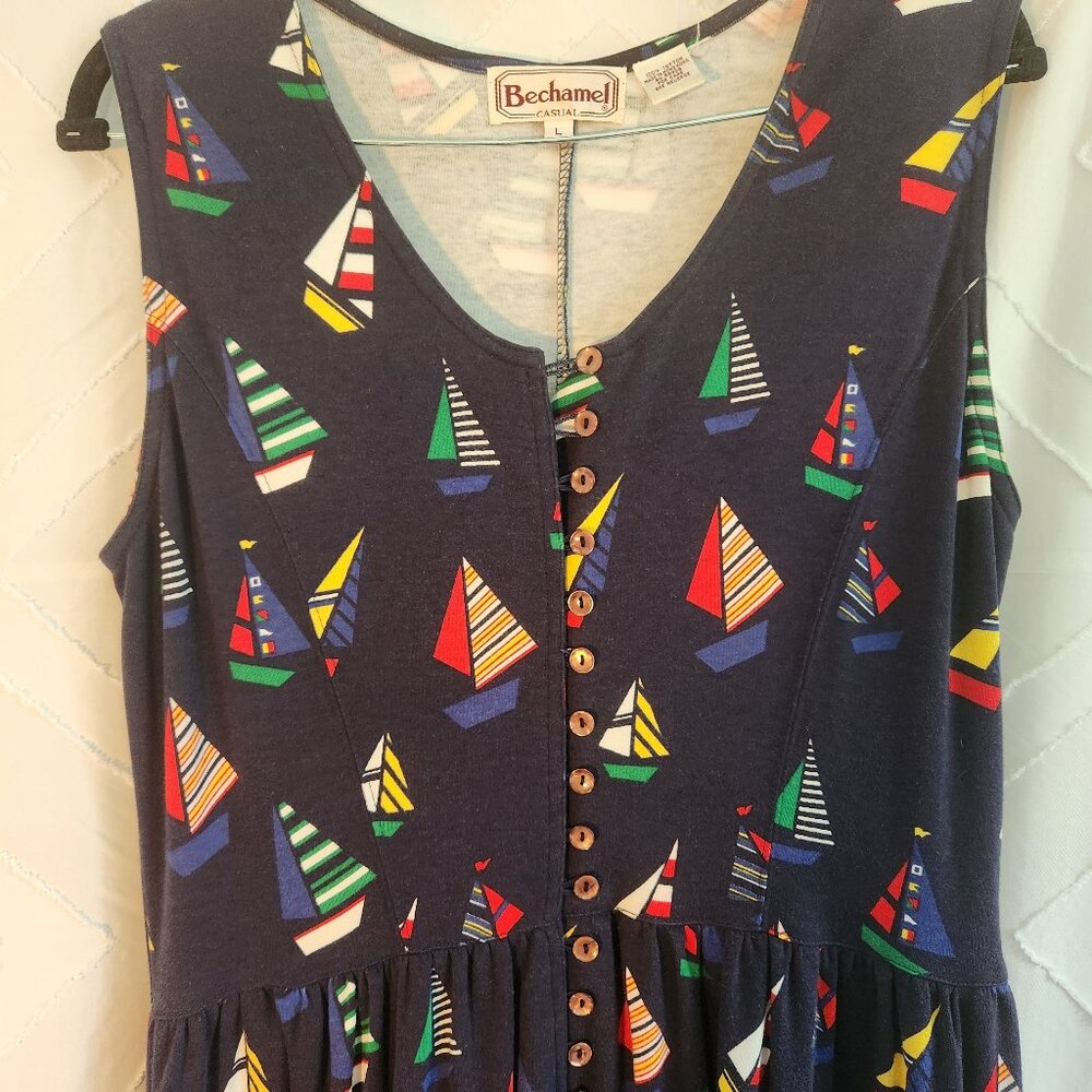 Vintage Bechamel Cotton Navy Multi-color Boat Print Sleeveless Teacher Dress